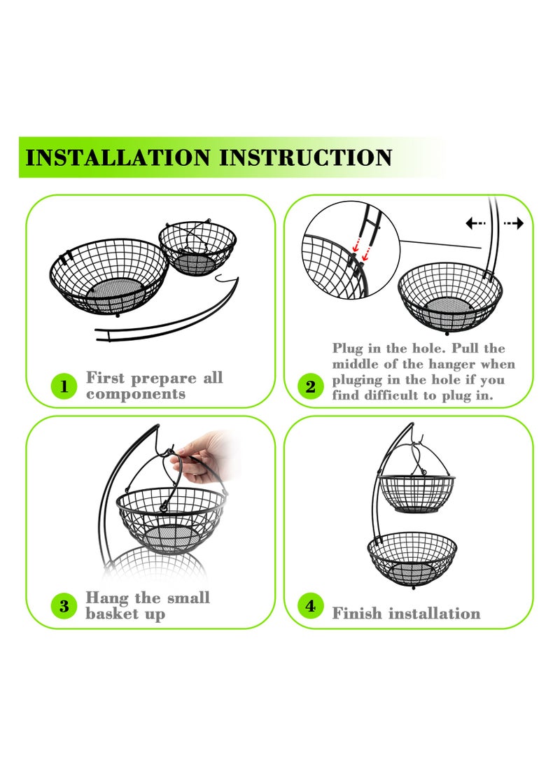 Fruit Basket, Strong Metal Fruit Bowl, 2 Tier Fruit Basket with Banana Hanger, Detachable Holder Stand Fruit Basket for Home