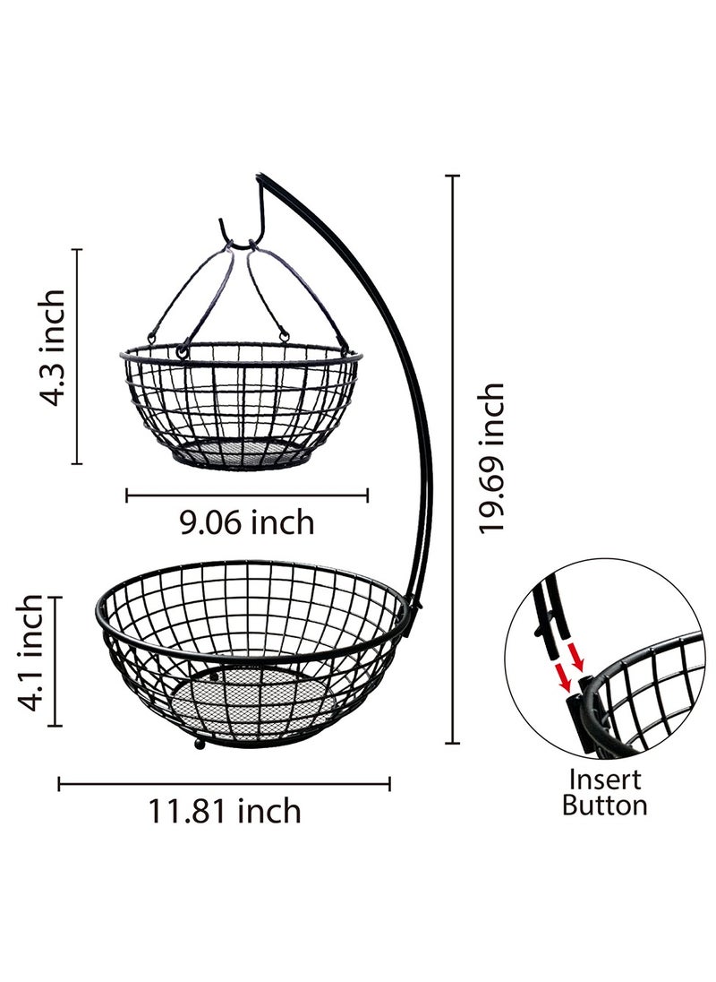 Fruit Basket, Strong Metal Fruit Bowl, 2 Tier Fruit Basket with Banana Hanger, Detachable Holder Stand Fruit Basket for Home