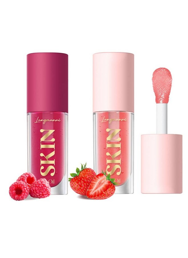 2Pack Big Brush Head Hydrating Lip Glow Oil Plumping Lip Tint, Hydrating Lip Gloss Tinted Lip Balm Transparent Lip Care, Long Lasting Nourishing Non-Sticky Fresh Texture (Strawberry + Raspberry)