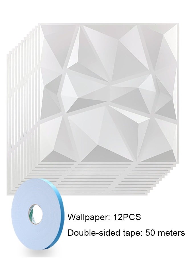 12 Pieces 3D Wall Panels, 3D Texture PVC Wallpaper, Diamond Design Decorative Wall Cover, Each 30x30cm White