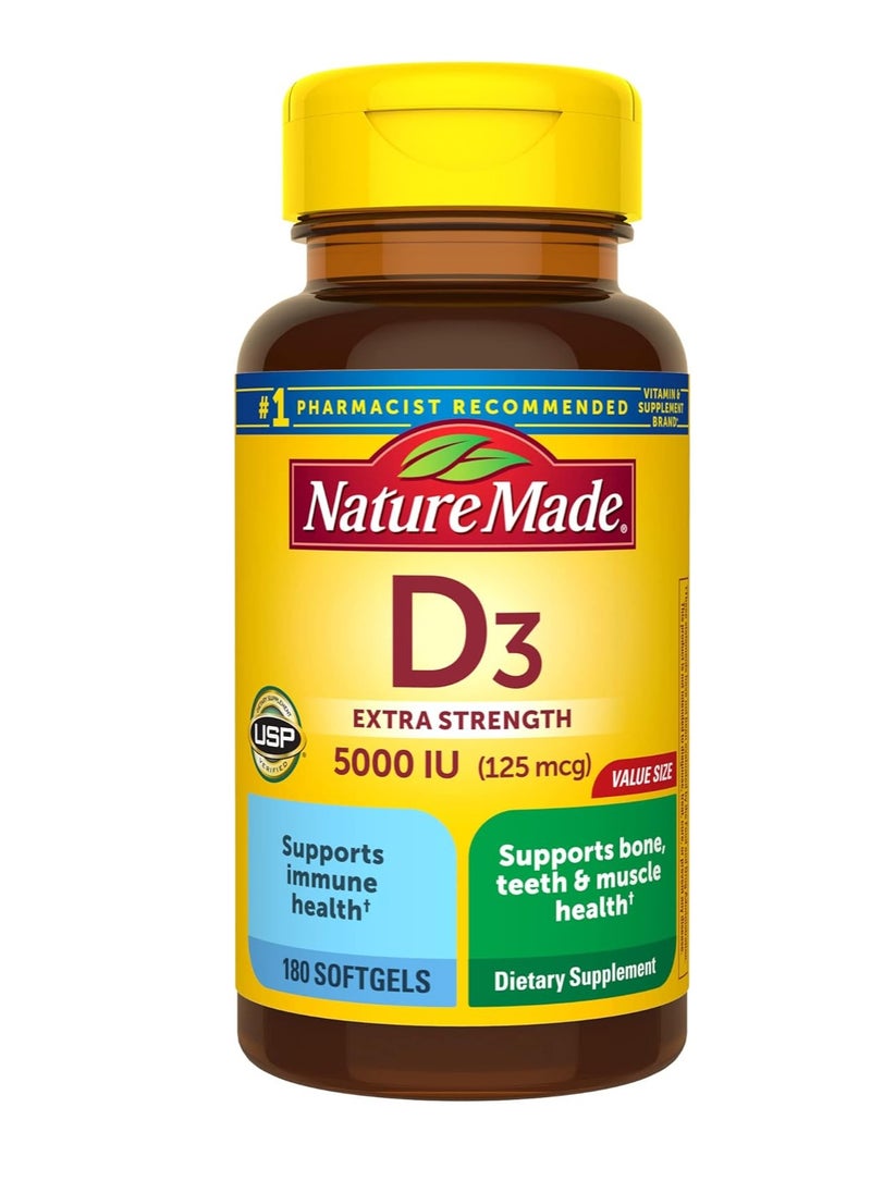 Vitamin D3 5000 IU (125 mcg), Bone, Teeth, Muscle and Immune Health Support, 180 Softgels
