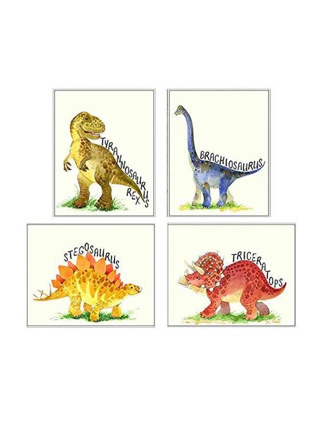 4-Piece Dinosaur Wall Art Print Set White/Yellow/Blue 8x10inch