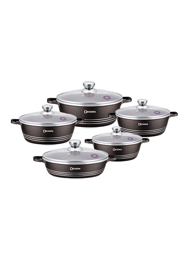 10-Piece Granite Coating Non-Stick Cookware Set Includes 1 x 20cm, 24cm, 28cm, 32cm, casserole with lids, 28cm shallow casserole with lid black/red