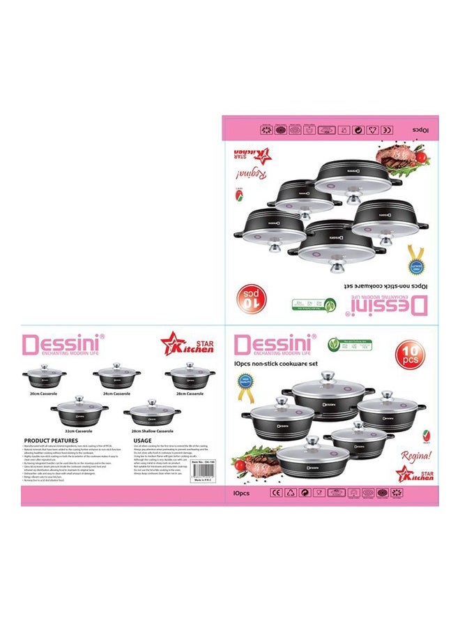 10-Piece Non-Stick Granite Coating Long-Lasting Durability Ergonomic Cookware Set Includes 1 x Casserole (20), Casserole (24), Casserole (28), Casserole (32), Shallow Casserole (28)cm Black