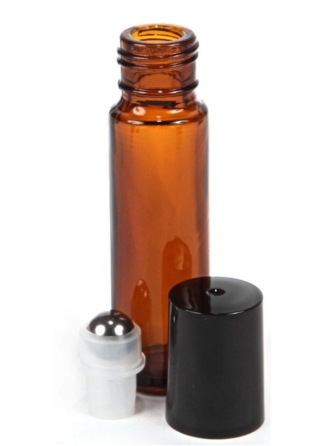 , 6, Amber, 10 Ml Glass Roll-On Bottles With Stainless Steel Roller Balls - .5 Ml Dropper Included