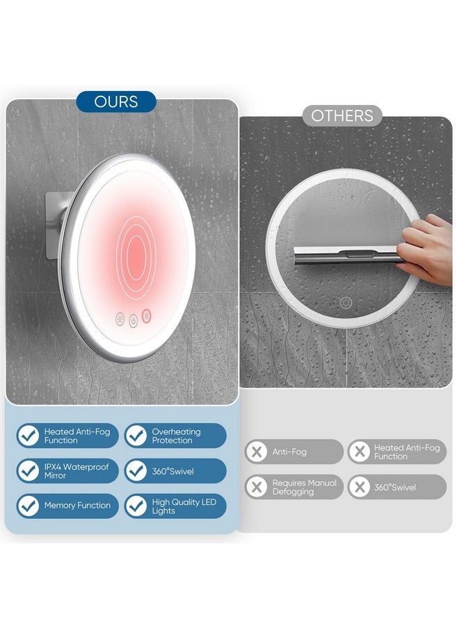 Heated Shower Mirror Fogless For Shaving, 3 Color Dimmable Shower Mirror With Light, No-Tools Wall Mounted, 360° Swivel, Waterproof, Rechargeable Real Glass Shaving Mirror For Men/Women