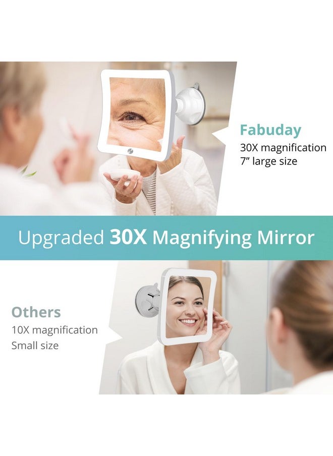 Rechargeable Lighted Makeup Mirror With Magnification - Upgraded 30X Magnifying Mirror With Light, Led Travel Mirror With Suction Cup For Bathroom, Light Up Mirror For Makeup, Square