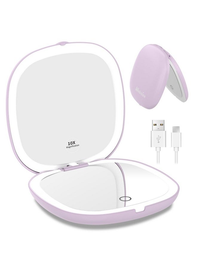 Travel Mirror With Light, Rechargeable 1X/10X Compact Magnifying Mirror, Dimmable Pocket Mirror,Handheld 2-Side Mirror With Light,4Inch Travel Size,Portable For Handbag,Purse,Gift,Purple