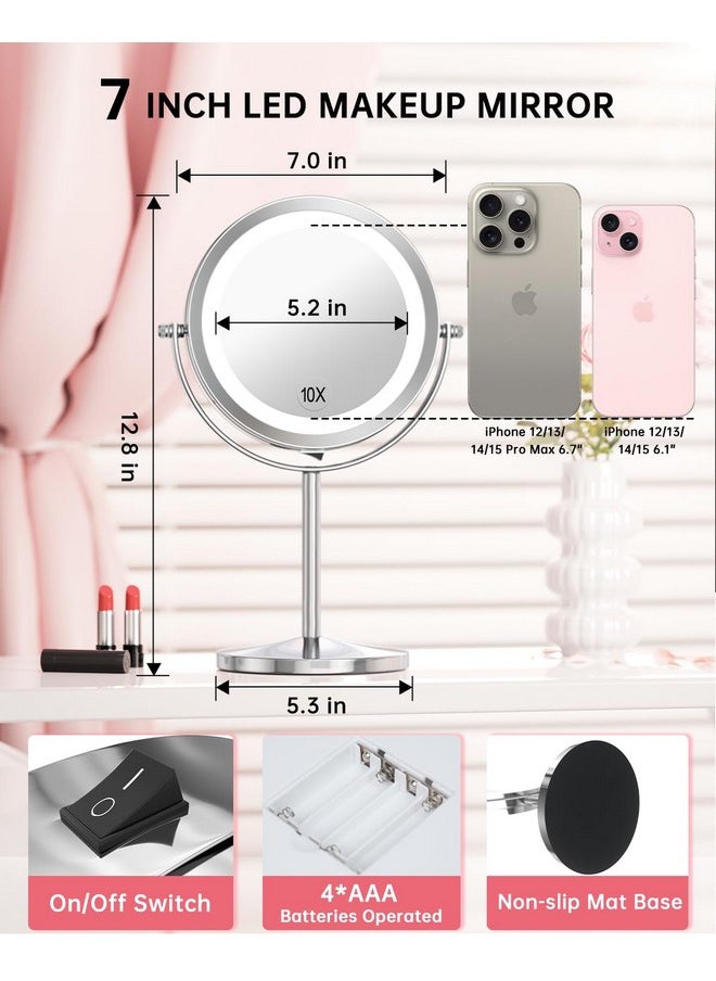 1X/10X Magnifying Lighted Makeup Mirror Double Sided Round Standing 360 Degree Swivel Mirror For Shaving Bathroom 7 Inch Diameter