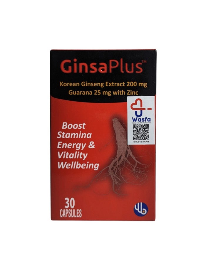 GinsaPlus Korean Ginseng Extract 200mg Guarana 25mg with Zinc 30 Capsules