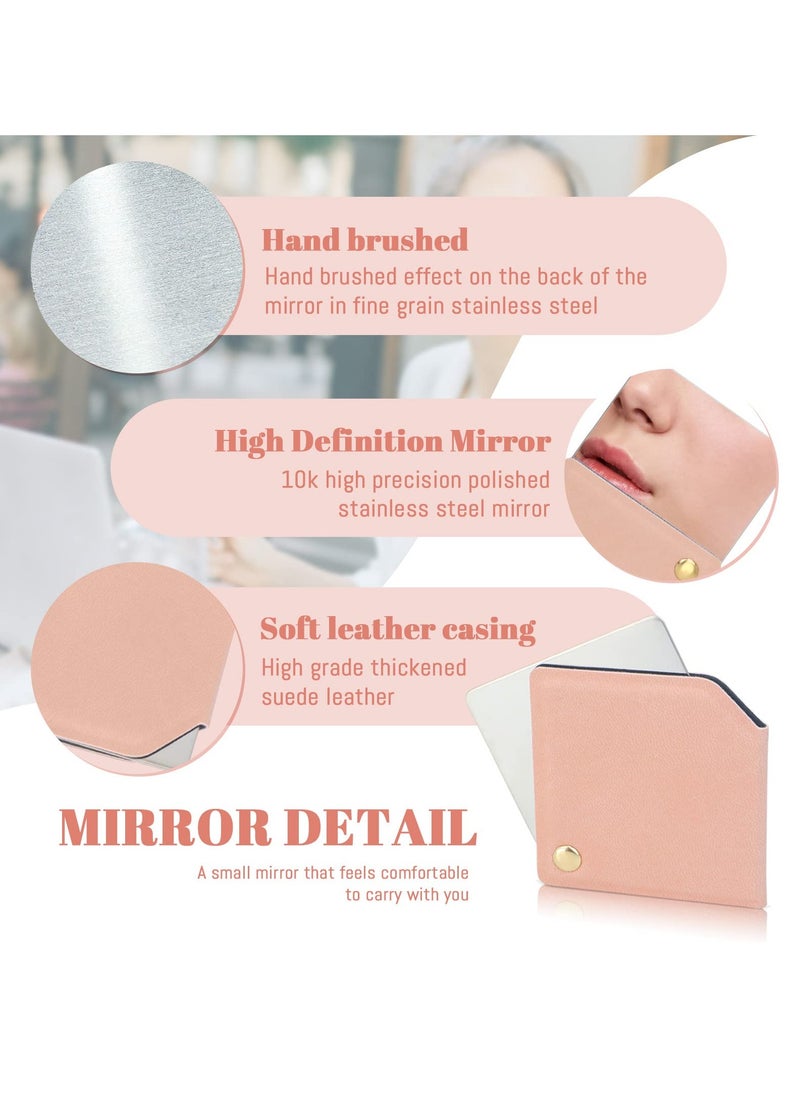 Stainless Steel Compact Mirror with PU Leather Sleeve, Unbreakable Travel Makeup Mirror, Rotary Square Pocket Mirror, Portable Purse Mirror, Mini Mirror (Stainless Steel Pink)