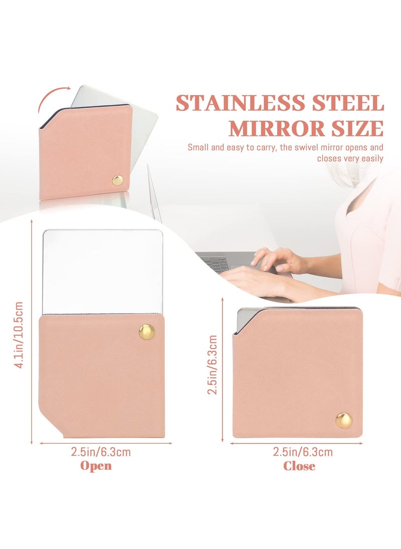 Stainless Steel Compact Mirror with PU Leather Sleeve, Unbreakable Travel Makeup Mirror, Rotary Square Pocket Mirror, Portable Purse Mirror, Mini Mirror (Stainless Steel Pink)