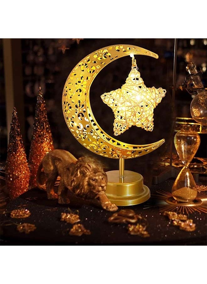 Moon Desk Lamp for Ramadan Decorations, for Home Bedroom Decor Boho Farmhouse Kitchen Dinner Ramadan Table EID Mubarak Light ,Battery Operated Metal Rattan Star Moon Lights