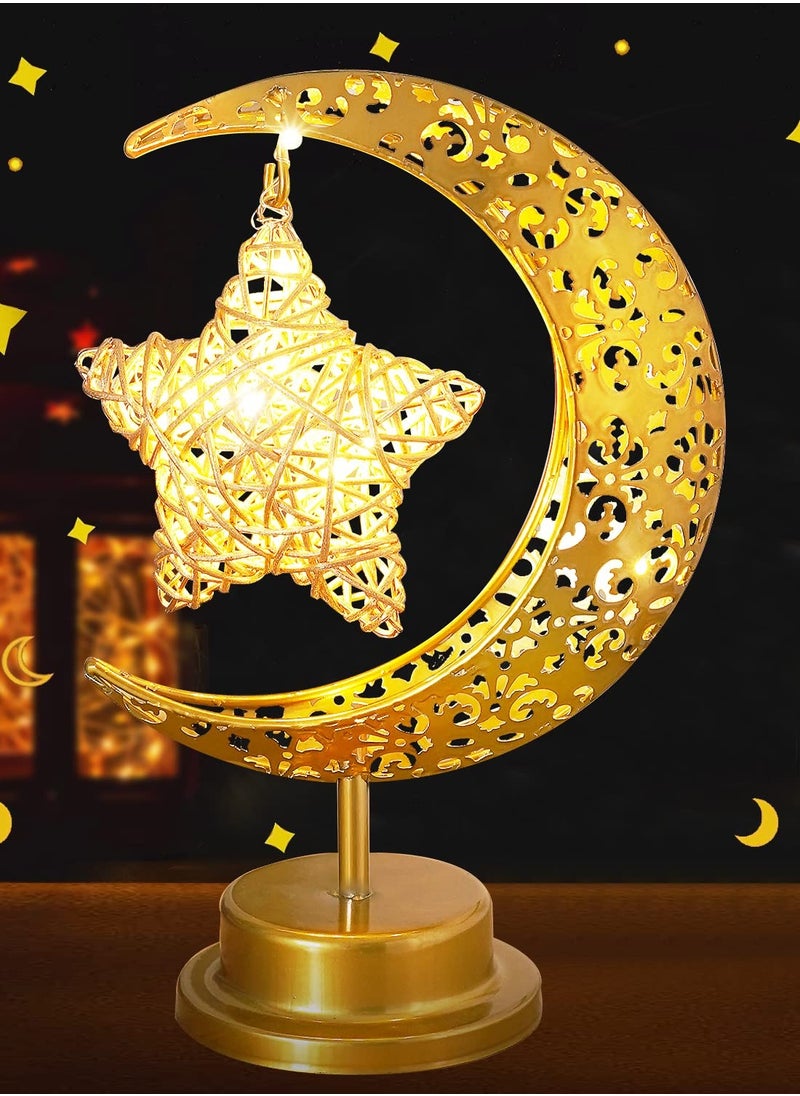 Moon Desk Lamp for Ramadan Decorations, for Home Bedroom Decor Boho Farmhouse Kitchen Dinner Ramadan Table EID Mubarak Light ,Battery Operated Metal Rattan Star Moon Lights