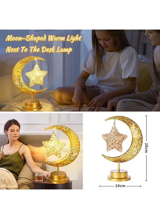 Moon Desk Lamp for Ramadan Decorations, for Home Bedroom Decor Boho Farmhouse Kitchen Dinner Ramadan Table EID Mubarak Light ,Battery Operated Metal Rattan Star Moon Lights