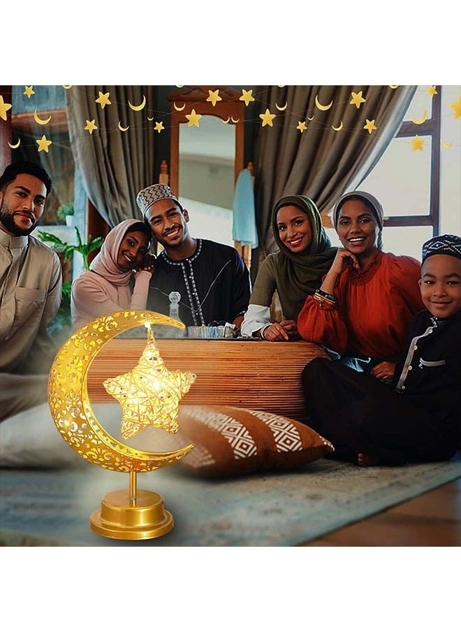 Moon Desk Lamp for Ramadan Decorations, for Home Bedroom Decor Boho Farmhouse Kitchen Dinner Ramadan Table EID Mubarak Light ,Battery Operated Metal Rattan Star Moon Lights