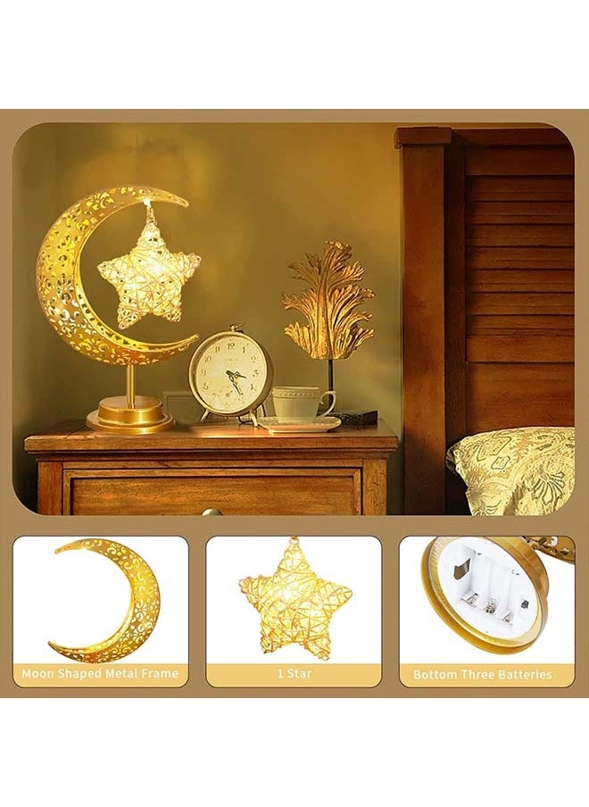 Moon Desk Lamp for Ramadan Decorations, for Home Bedroom Decor Boho Farmhouse Kitchen Dinner Ramadan Table EID Mubarak Light ,Battery Operated Metal Rattan Star Moon Lights