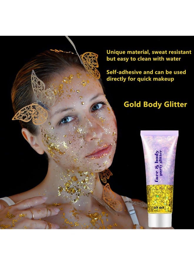 Gold Face Body Glitter,Mardi Gras Glitter Makeup Gold Face Paint,Holographic Chunky Sequins Glitters For Eye Lip Hair Nails,Festival Glitter Rave Accessories,02 Gold Glitter