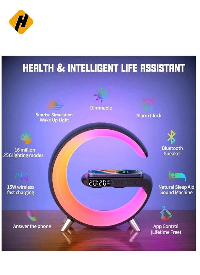 Wireless Charger Atmosphere Lamp, RGB Color Changing Mood Light with Time Display, 256 Modes and 16 Million Light Colors, Bluetooth Speaker Desk Lamp with Alarm Clock, Ideal Choice for Friends