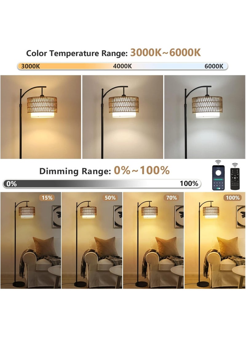 Floor Lamp,Arc Floor Lamp for Living Room with 3 Color Temperatures, Farmhouse Floor Lamps with Remote & Dimmable Bulb, Boho Standing Lamp with Rattan & Fabric Shades, Adjustable Tall Lamp for Bedroom, Office