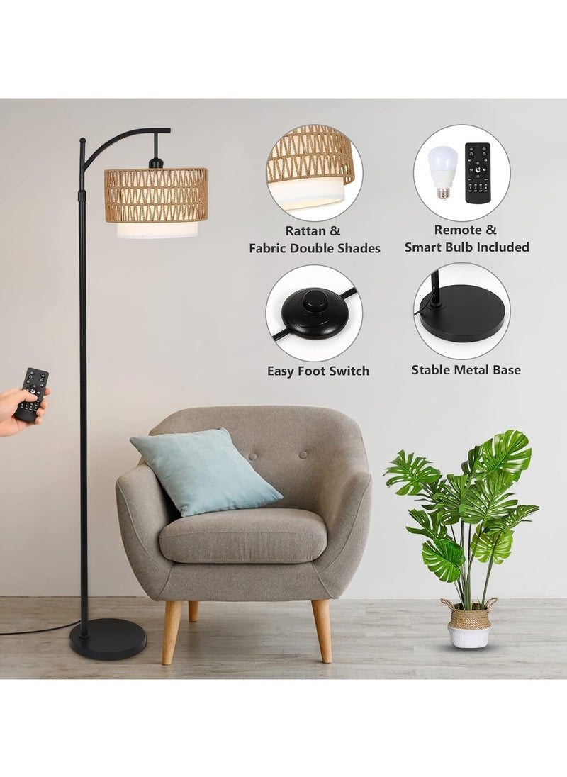 Floor Lamp,Arc Floor Lamp for Living Room with 3 Color Temperatures, Farmhouse Floor Lamps with Remote & Dimmable Bulb, Boho Standing Lamp with Rattan & Fabric Shades, Adjustable Tall Lamp for Bedroom, Office