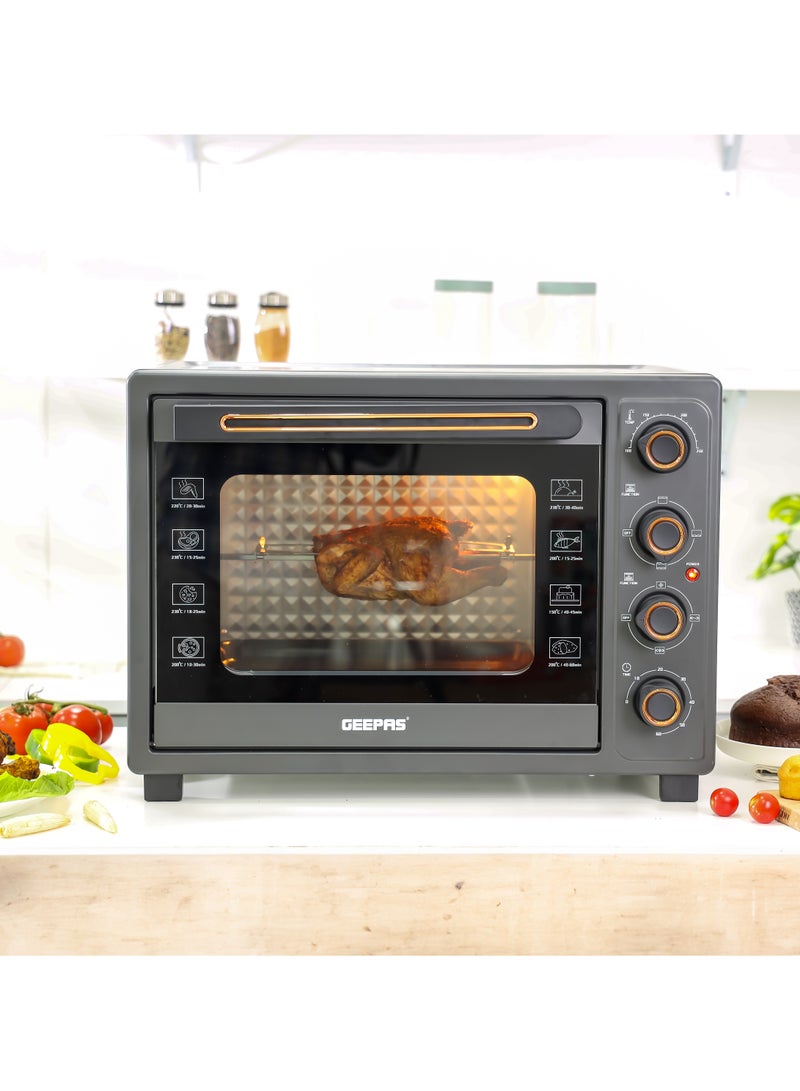 58 L Electric Oven 2100 W | With Rotisserie, Convection Functions and Inner Lamp| Easy to Use Control Knobs, 2 Switch Heating Selector, Adjustable Temperature| Perfect for Baking, Roasting, Cooking Meat, Vegetables, Cakes, Etc| 2 Years Warranty 58 L 2100 W GO34060 Black