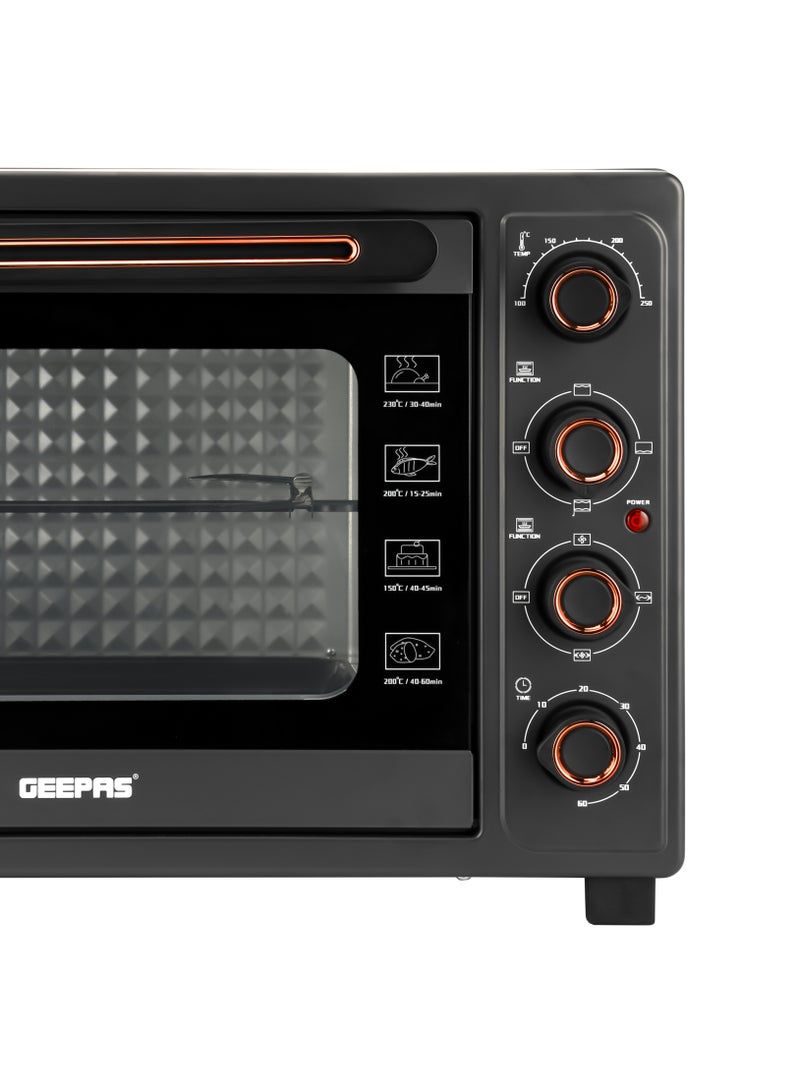 58 L Electric Oven 2100 W | With Rotisserie, Convection Functions and Inner Lamp| Easy to Use Control Knobs, 2 Switch Heating Selector, Adjustable Temperature| Perfect for Baking, Roasting, Cooking Meat, Vegetables, Cakes, Etc| 2 Years Warranty 58 L 2100 W GO34060 Black