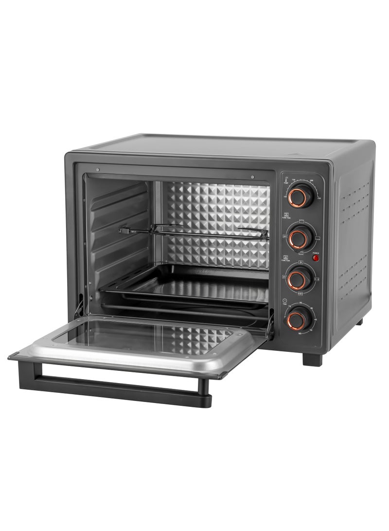 58 L Electric Oven 2100 W | With Rotisserie, Convection Functions and Inner Lamp| Easy to Use Control Knobs, 2 Switch Heating Selector, Adjustable Temperature| Perfect for Baking, Roasting, Cooking Meat, Vegetables, Cakes, Etc| 2 Years Warranty 58 L 2100 W GO34060 Black