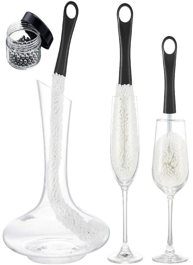 3 Pieces Wine Decanter Cleaning Brush Flexible Bottle Scourer with Stainless Steel Decanter Cleaning Balls Multi-Function Household Cleaning Tools for Goblets/Champagne Flutes/Cups/Glasses (Black)