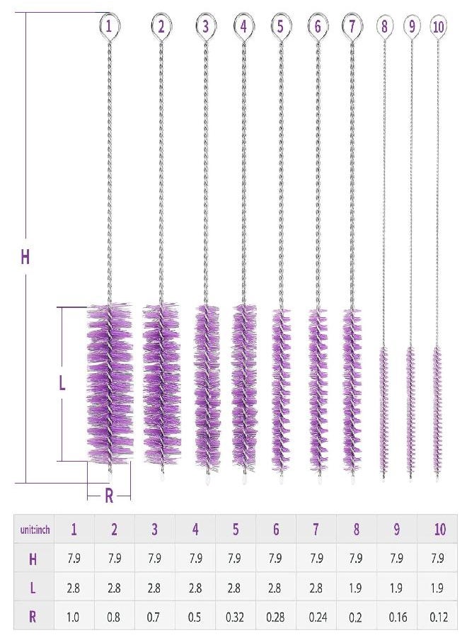 CiaraQ Bottle Cleaning Brushes, 8 Inch Nylon Tube Brush Set, Cleaner for Narrow Neck Bottles Cups with Hook, Set of 10pcs. Purple