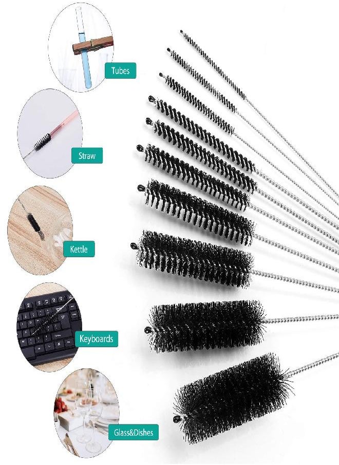 CiaraQ Bottle Cleaning Brushes, 8 Inch Nylon Tube Brush Set, Cleaner for Narrow Neck Bottles Cups with Hook, Set of 10pcs, Black