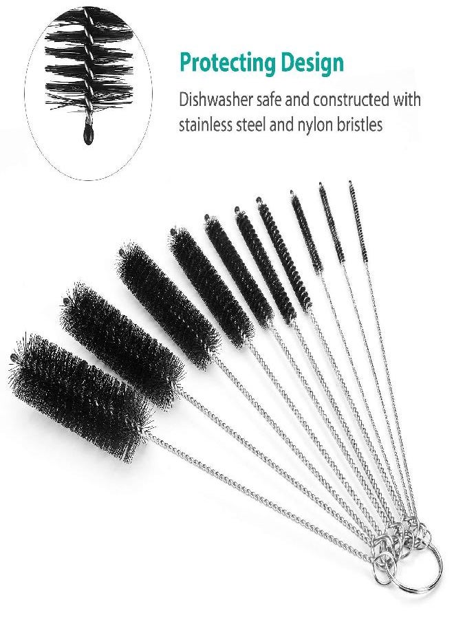 CiaraQ Bottle Cleaning Brushes, 8 Inch Nylon Tube Brush Set, Cleaner for Narrow Neck Bottles Cups with Hook, Set of 10pcs, Black