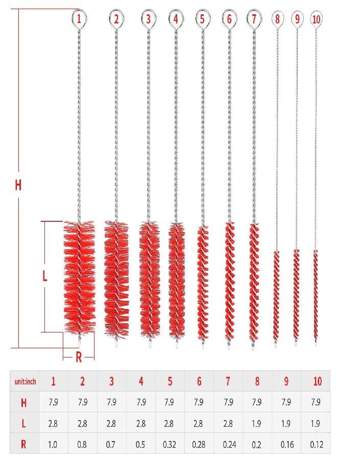 CiaraQ Bottle Cleaning Brushes, 8 Inch Nylon Tube Brush Set, Cleaner for Narrow Neck Bottles Cups with Hook, Set of 10pcs. Red