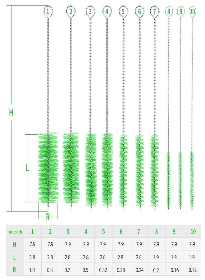 CiaraQ Bottle Cleaning Brushes, 8 Inch Nylon Tube Brush Set, Cleaner for Narrow Neck Bottles Cups with Hook, Set of 10pcs. Green