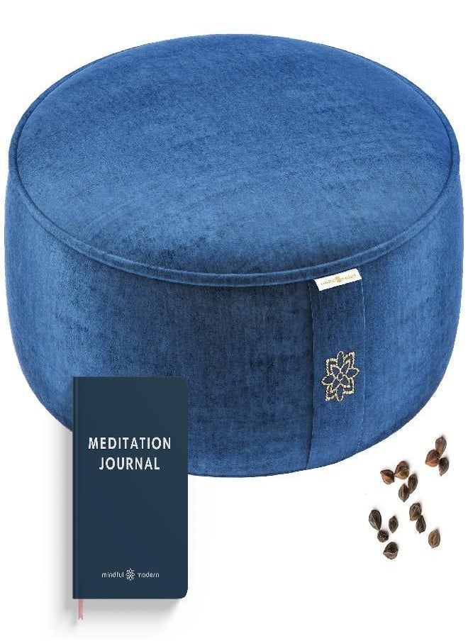 Mindful & Modern Velvet Meditation Cushion | Luxe Zafu Yoga Floor Pillow Seat | Posture Support | Buckwheat Hull Filled | Large Round Cushion with Removable Washable Cover + Carry Handle | Color Blue