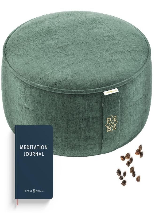 Mindful & Modern Velvet Meditation Cushion | Luxe Zafu Yoga Floor Pillow Seat | Posture Support | Buckwheat Hull Filled | Large Round Cushion with Removable Washable Cover + Carry Handle | Color Green