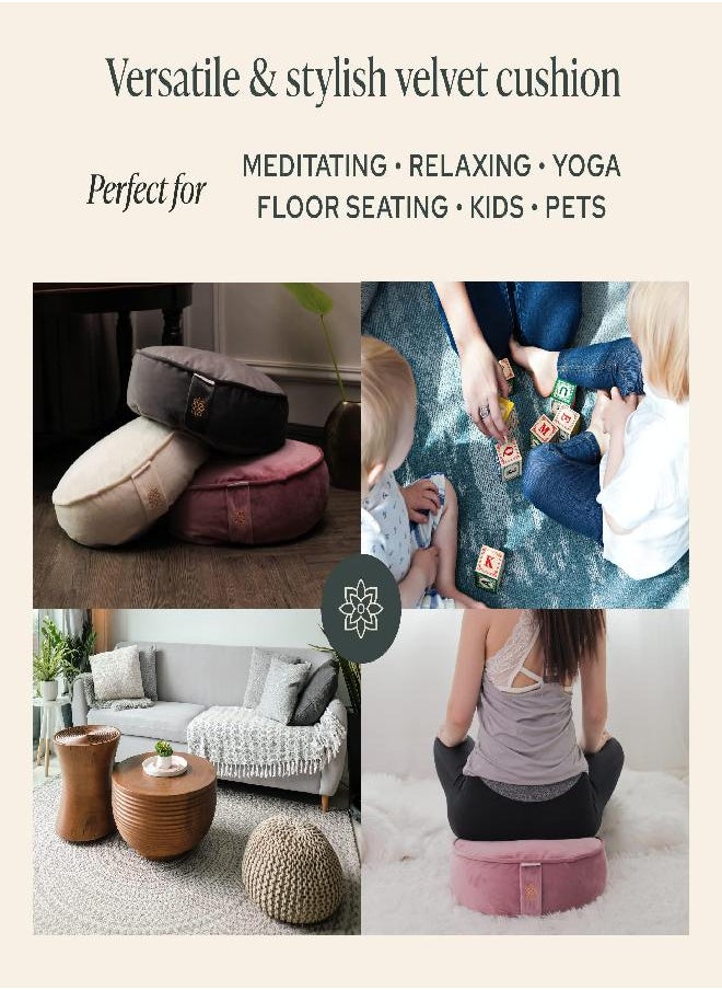 Mindful & Modern Velvet Meditation Cushion | Luxe Zafu Yoga Floor Pillow Seat | Posture Support | Buckwheat Hull Filled | Large Round Cushion with Removable Washable Cover + Carry Handle | Color Pink