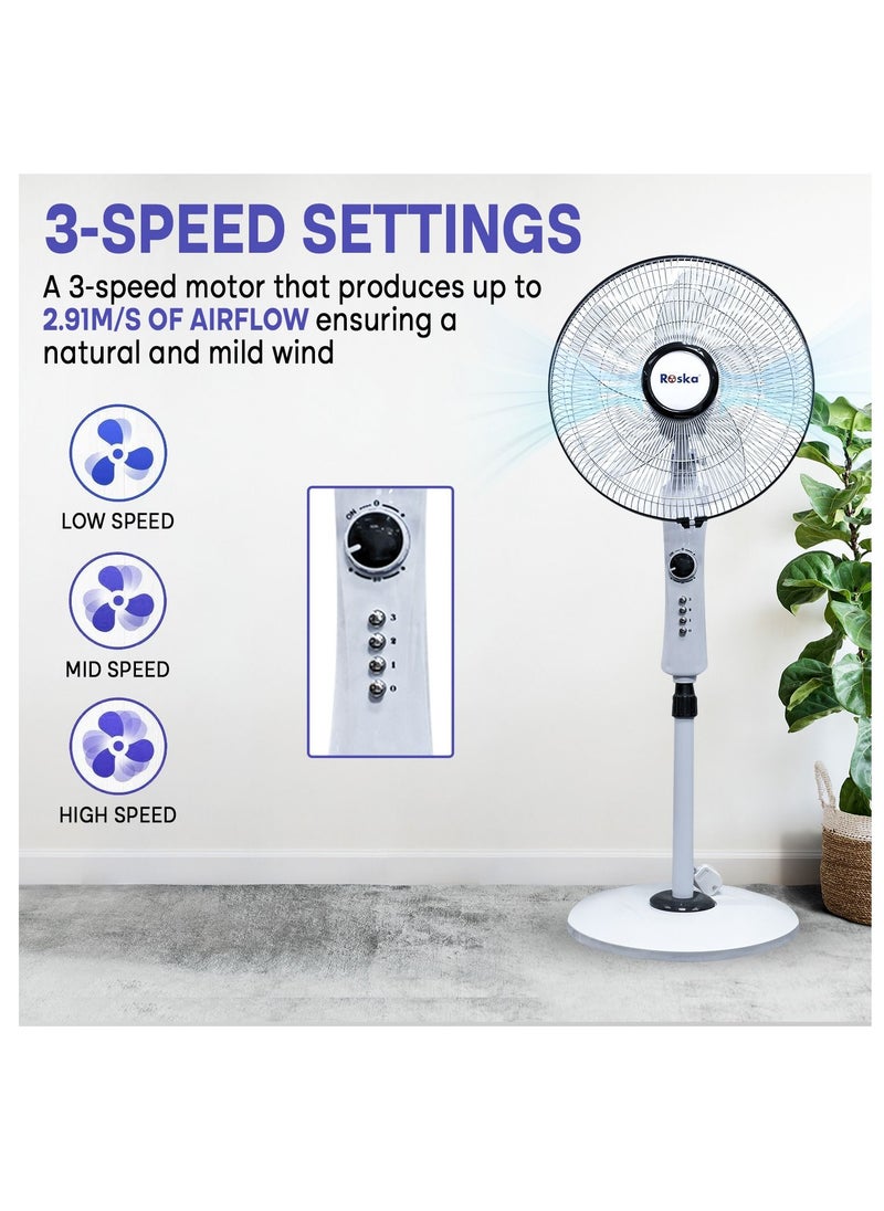 16 inch 3 Speed with Timer Switch Electric Stand fan, Tower fan for home office, White Color, 40 Watts, 5 leaf blade, Adjustable Height, 80 Degree Oscillation, Metal Grill