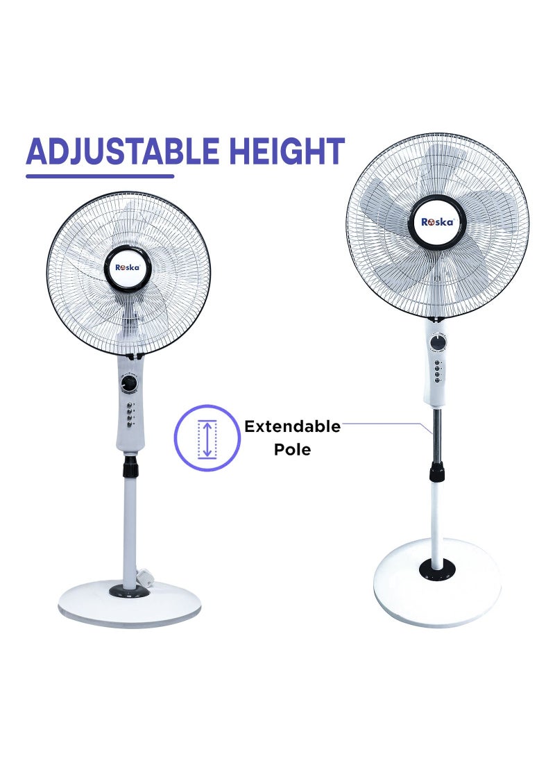 16 inch 3 Speed with Timer Switch Electric Stand fan, Tower fan for home office, White Color, 40 Watts, 5 leaf blade, Adjustable Height, 80 Degree Oscillation, Metal Grill