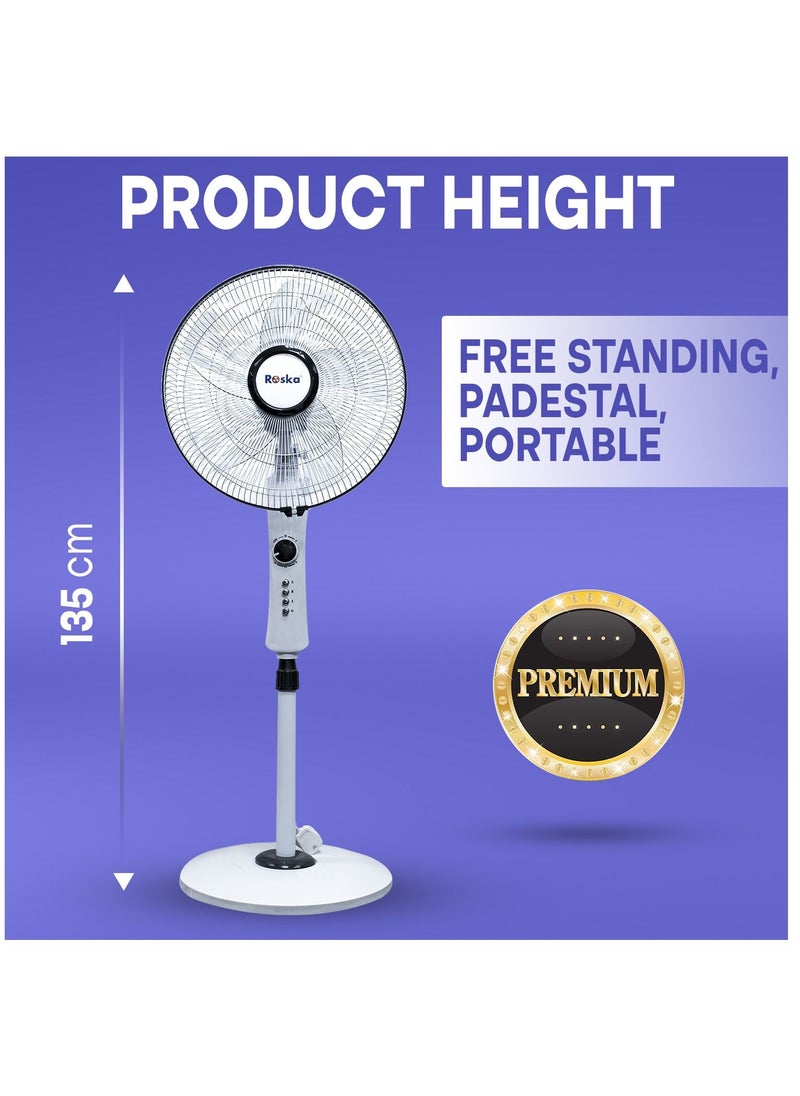 16 inch 3 Speed with Timer Switch Electric Stand fan, Tower fan for home office, White Color, 40 Watts, 5 leaf blade, Adjustable Height, 80 Degree Oscillation, Metal Grill