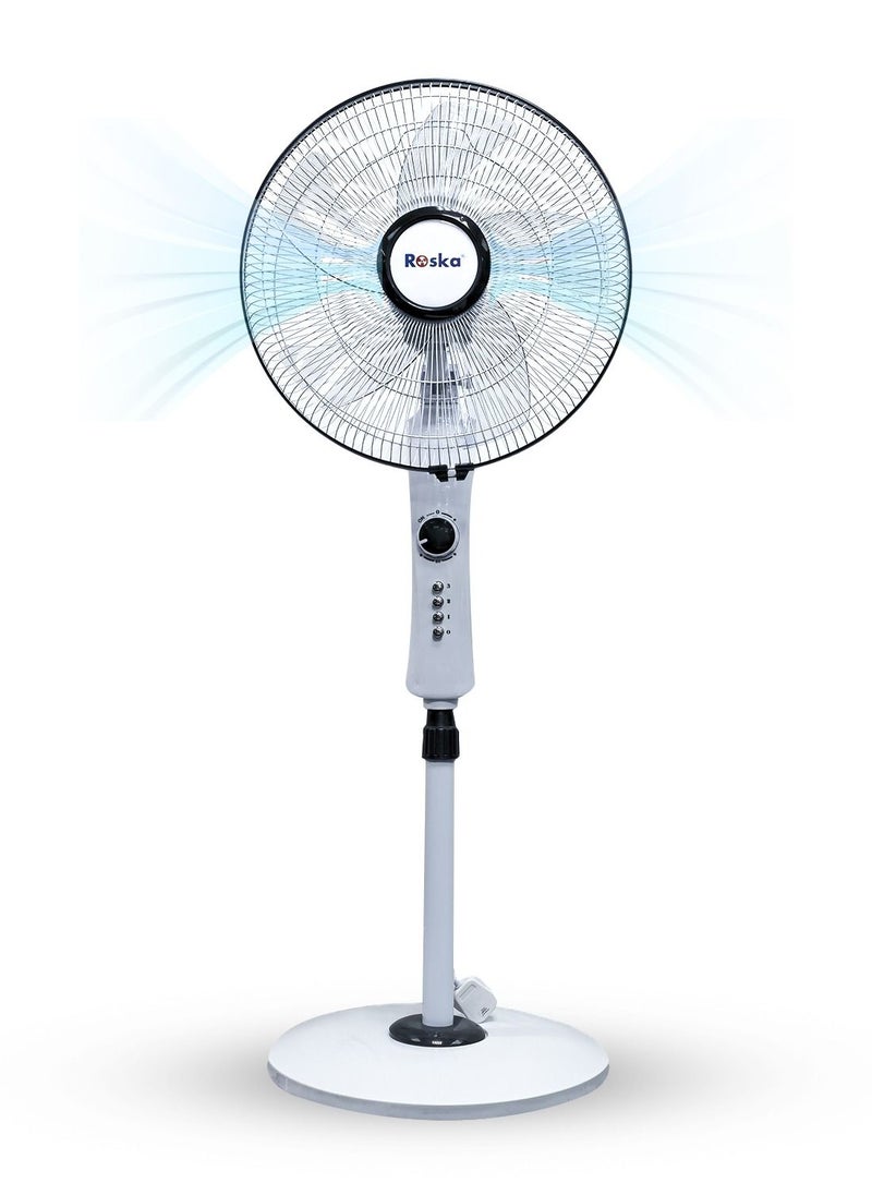 16 inch 3 Speed with Timer Switch Electric Stand fan, Tower fan for home office, White Color, 40 Watts, 5 leaf blade, Adjustable Height, 80 Degree Oscillation, Metal Grill