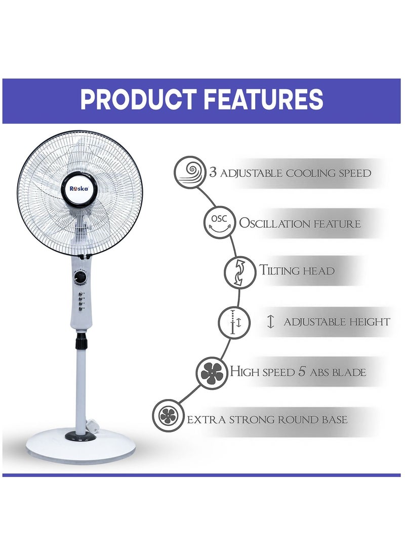 16 inch 3 Speed with Timer Switch Electric Stand fan, Tower fan for home office, White Color, 40 Watts, 5 leaf blade, Adjustable Height, 80 Degree Oscillation, Metal Grill