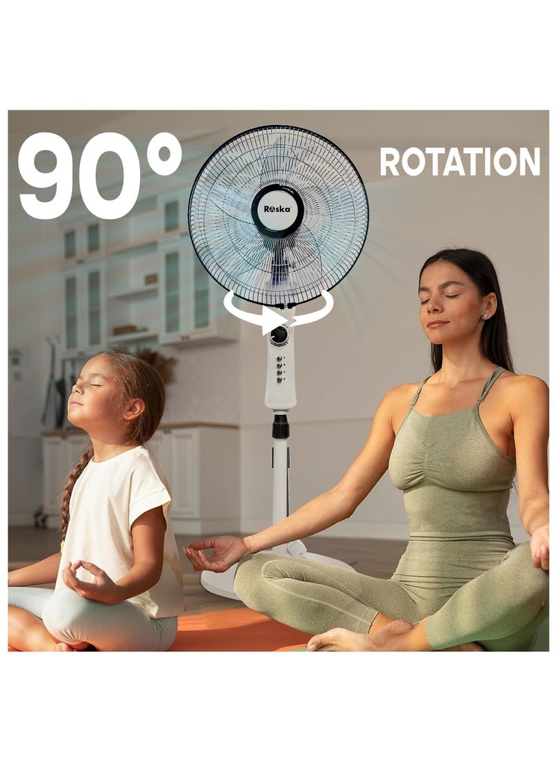 16 inch 3 Speed with Timer Switch Electric Stand fan, Tower fan for home office, White Color, 40 Watts, 5 leaf blade, Adjustable Height, 80 Degree Oscillation, Metal Grill