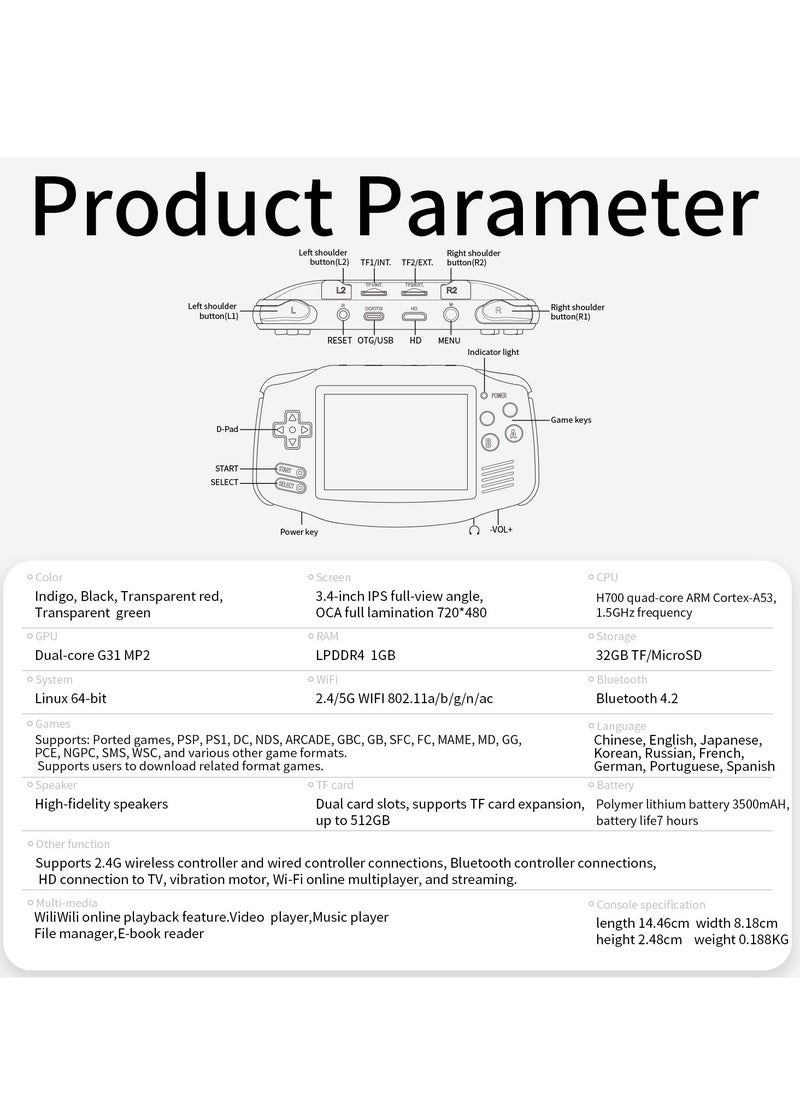 RG 34XX Handheld Game ConsoleH700 quad-core ARM  Android 13 3.4-inch IPS full-view angle 3500mAh 5G WIFI Bluetooth Retro Video Players（32G+64G）