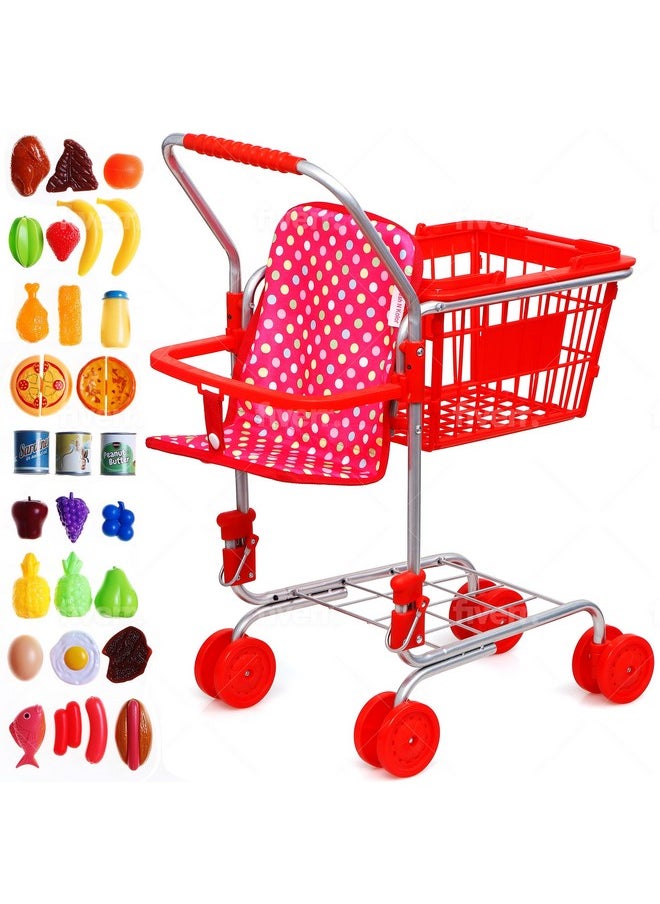 Shop 'N' Go Toy Shopping Cart For Kids And Toddler - Includes Food - Folds For Easy Storage - With Sturdy Metal Frame Pretend Play Food Role Play, Educational Toy (Doll Not Included)