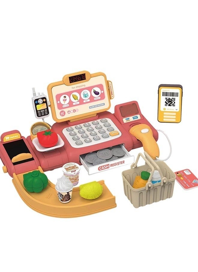 2-in-1 Children's Cash Register with Scanner, Play Money, Shopping Accessories and Walkie Talkie, Role Play Supermarket Cash Register Shopping Shop Gift for Boys Girls