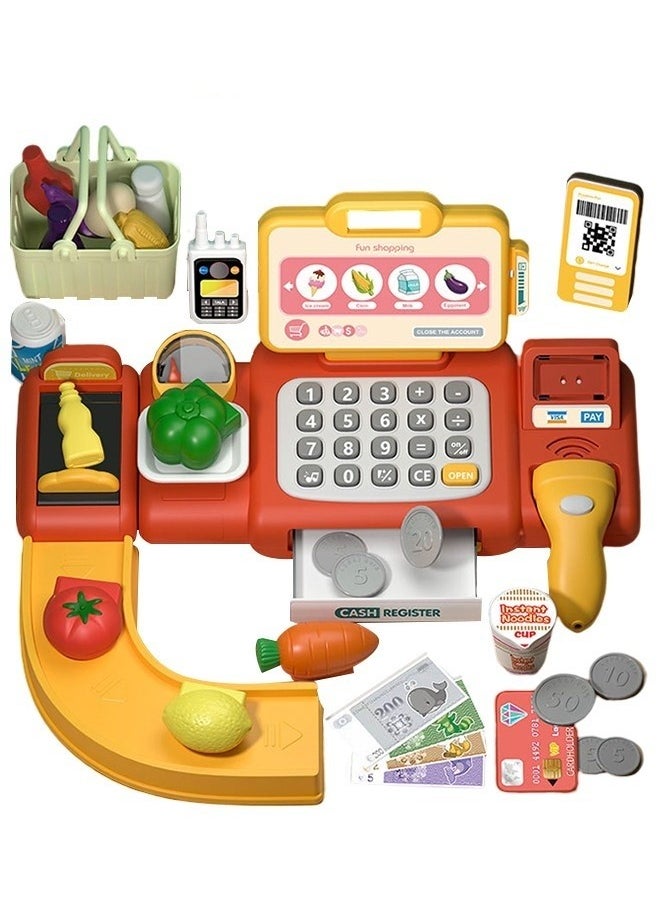 2-in-1 Children's Cash Register with Scanner, Play Money, Shopping Accessories and Walkie Talkie, Role Play Supermarket Cash Register Shopping Shop Gift for Boys Girls