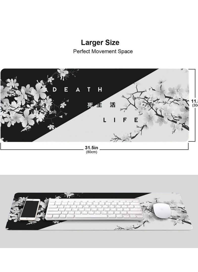 Gaming Mouse Pad Black and White Cherry Blossom,Extended Large Mouse Mat Desk Pad, Stitched Edges Mousepad, Long Non-Slip Rubber Base Mice Pad(31.5x11.8x0.12 Inch)