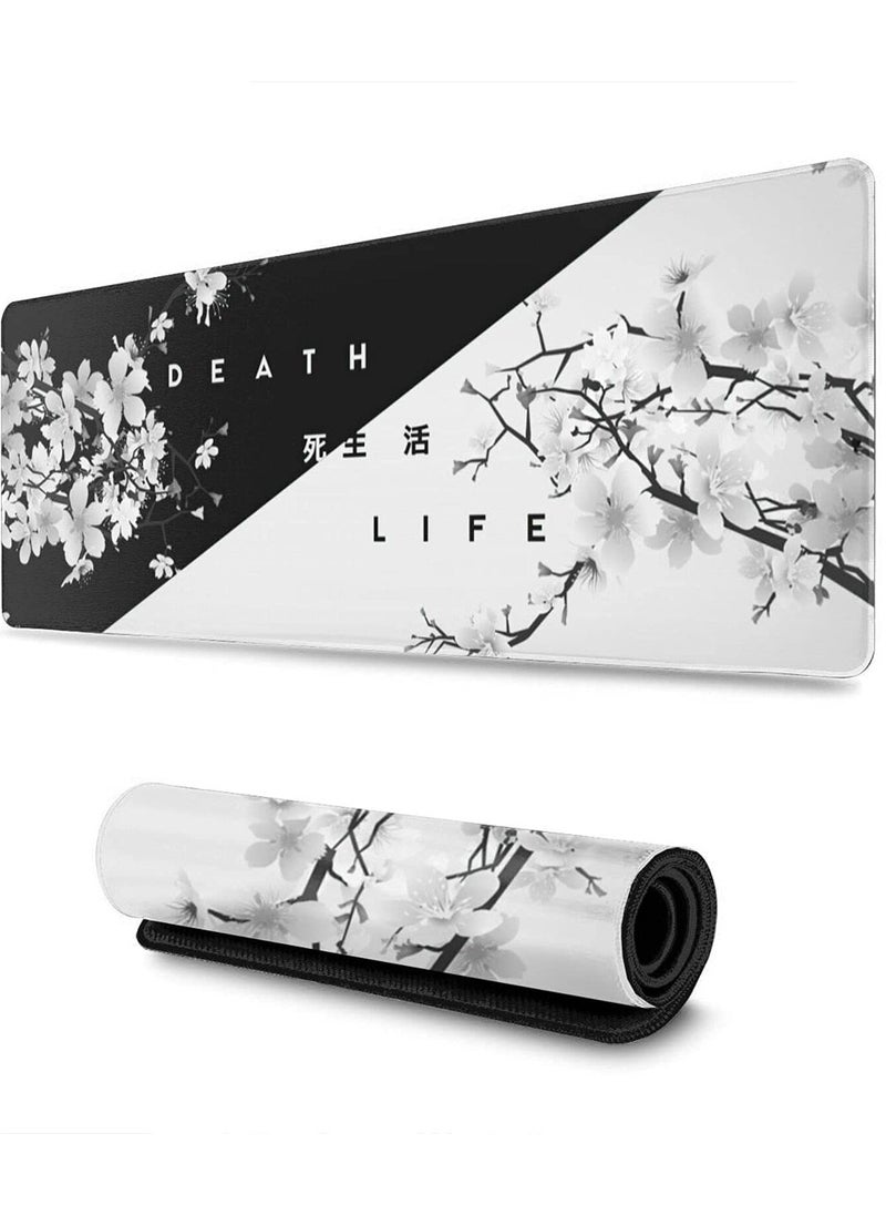 Gaming Mouse Pad Black and White Cherry Blossom,Extended Large Mouse Mat Desk Pad, Stitched Edges Mousepad, Long Non-Slip Rubber Base Mice Pad(31.5x11.8x0.12 Inch)