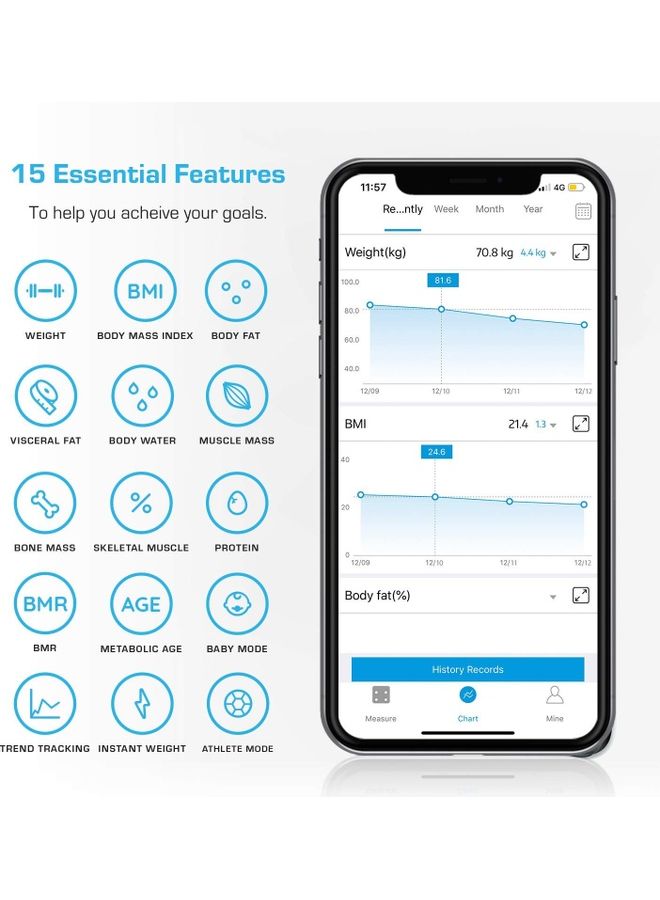 Bluetooth Smart Weighing Scale Black 11.02x11.02x0.94inch